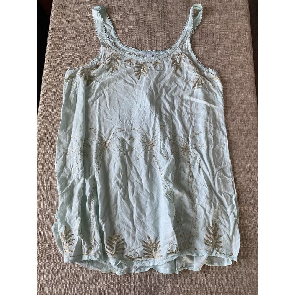 DAISY ISLAND Embroidered Sleeveless Tunic Top Aqua Blue with Gold Detail XL